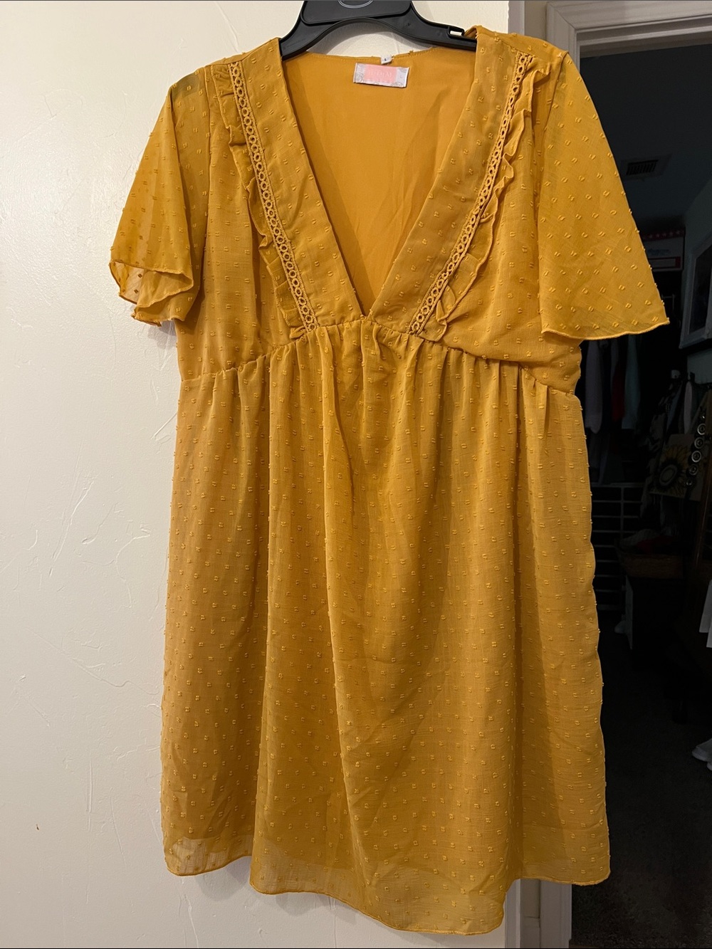 Mustard Yellow V-Neck Mini Polka Dot Dress with Flutter Sleeves